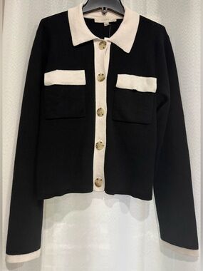 NWT LOFT Tipped Sweater Jacket Cardigan Black/Ivory Medium